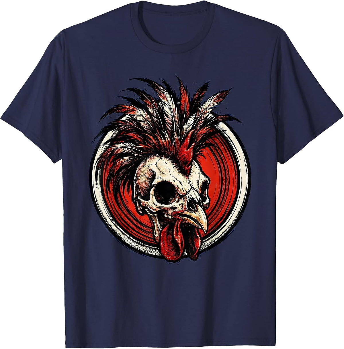 Rooster Skull Feathered Mohawk Dark Art Design T-Shirt - Navy Blue