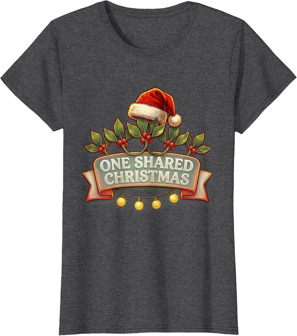 Women's One Shared Christmas Frosted Script Santa Hat Family T-Shirt - Dark Heather Grey