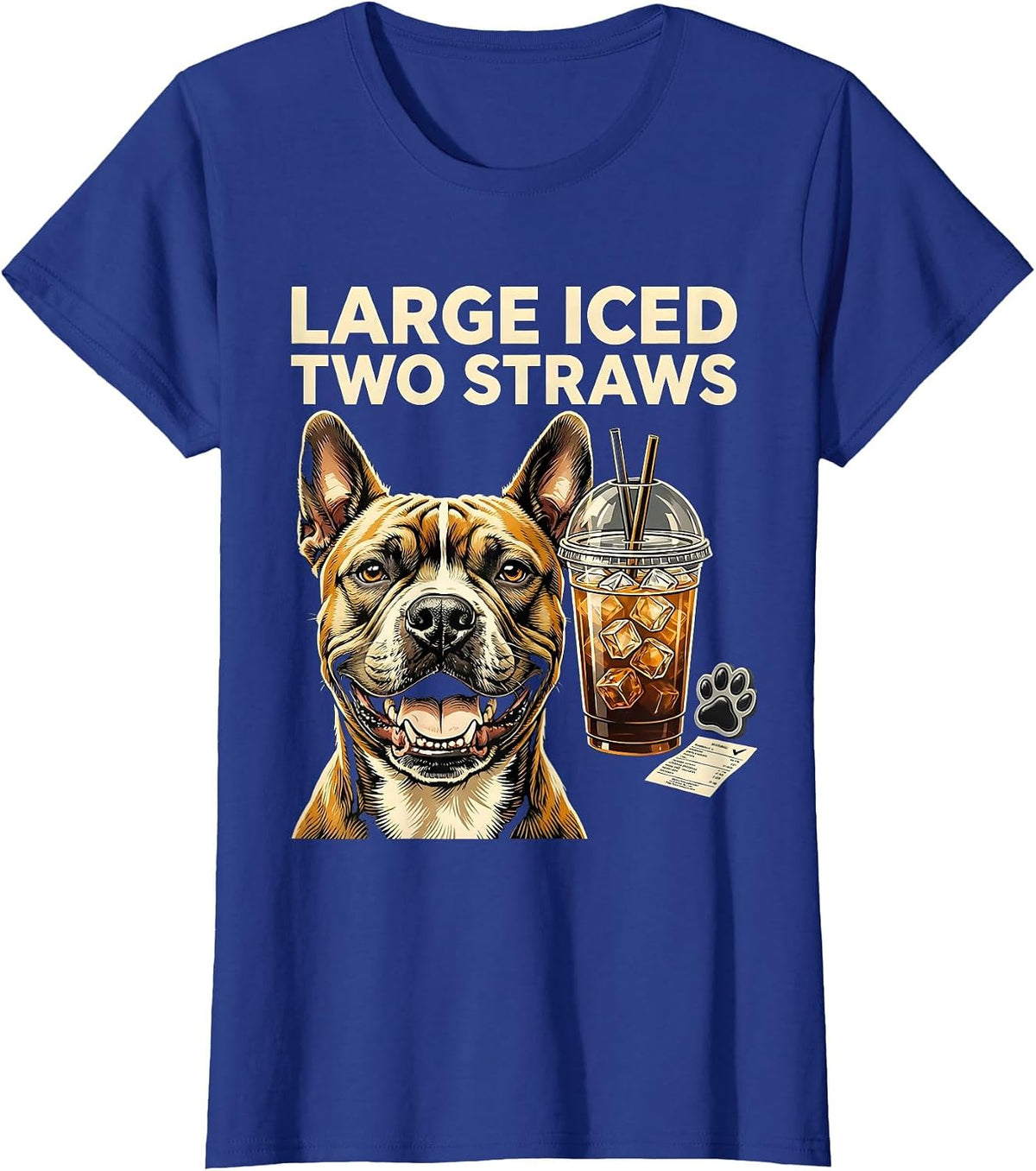 Women's Large Iced Two Straws Funny Pitbull Drinking Iced Coffee T-Shirt - Royal Blue