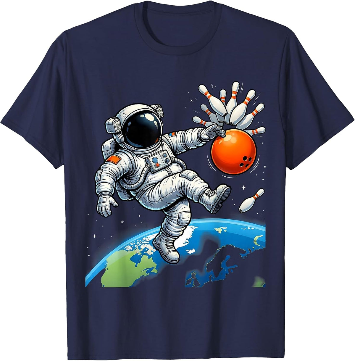 Men's Astronaut Bowling in Zero Gravity Space Design T-Shirt - Navy Blue