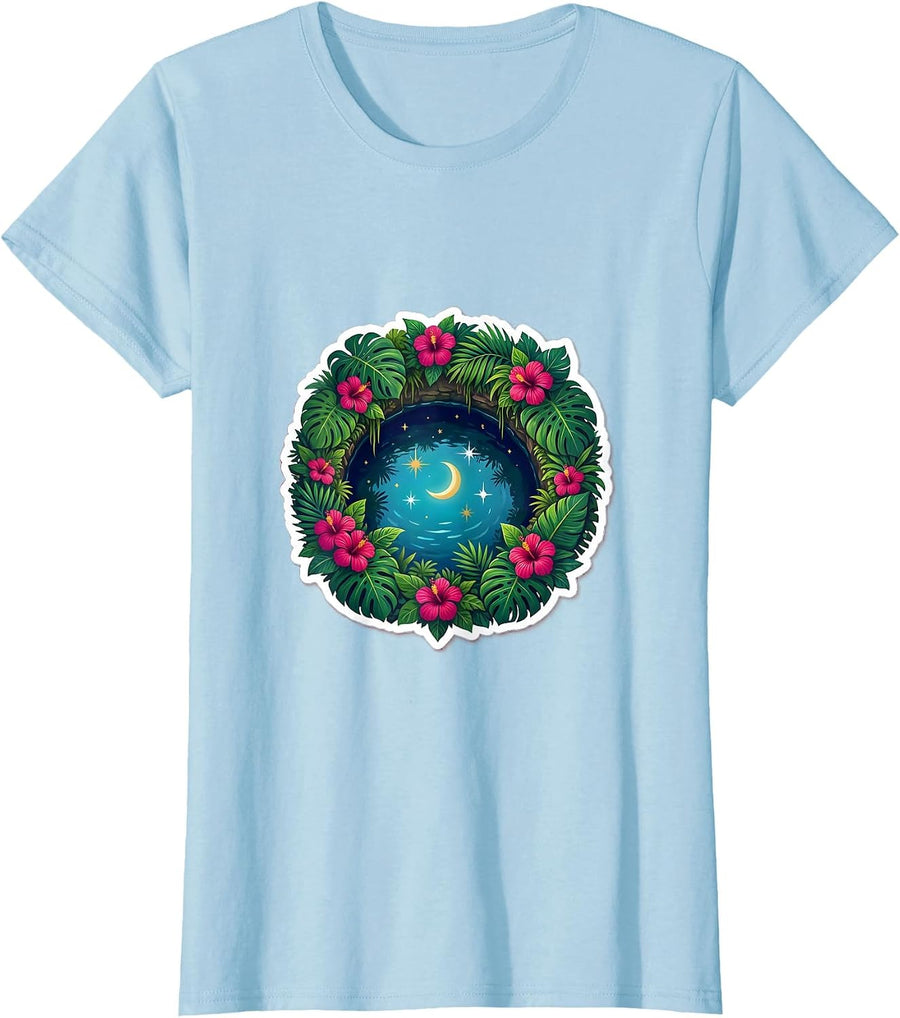 Women's Mexico Cenote Starry Night Sky Reflection T-Shirt - Baby Blue