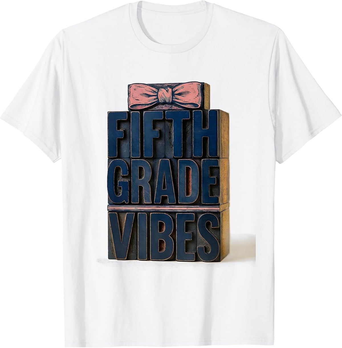 Men's Fifth Grade Vibes Wood Type Letterpress Bow Back To School T-Shirt - White