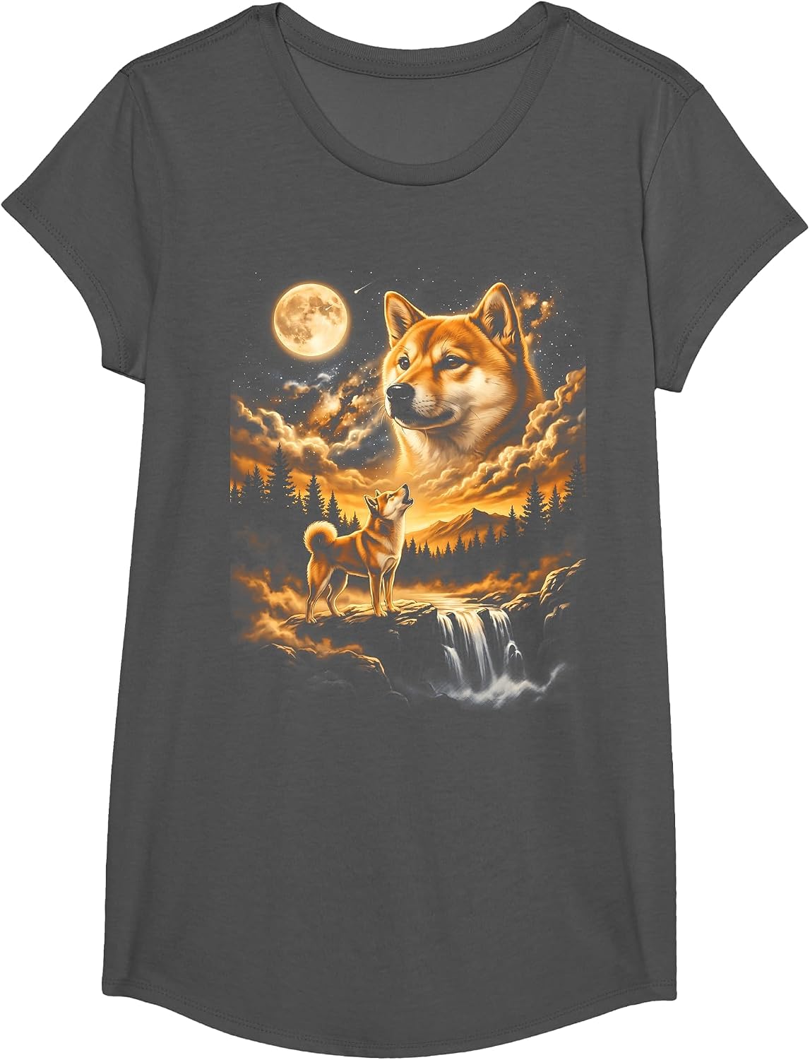 Shiba Inu Howling to The Moon T-Shirt - Girls Asphalt Grey