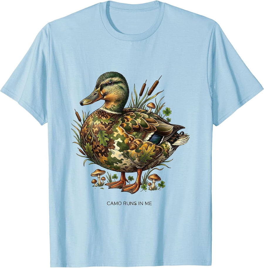 Men's Camo Runs In Me Duck Hunting Design T-Shirt - Baby Blue