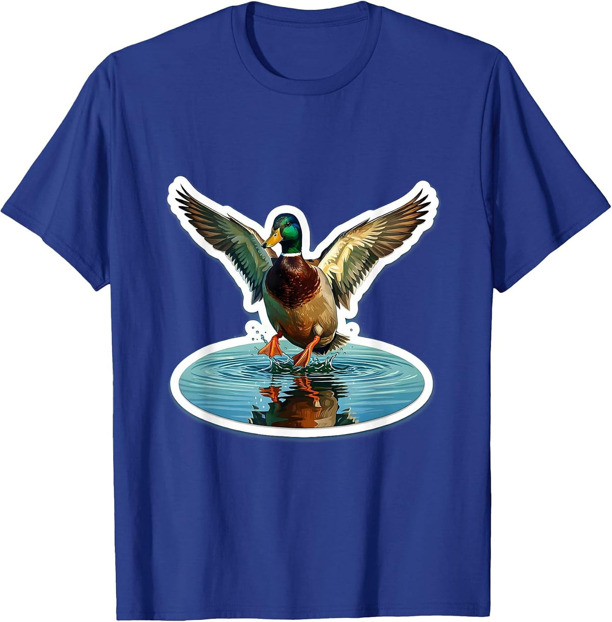 Mallard Duck Landing on Glassy Lake Illustration T-Shirt - Royal Blue
