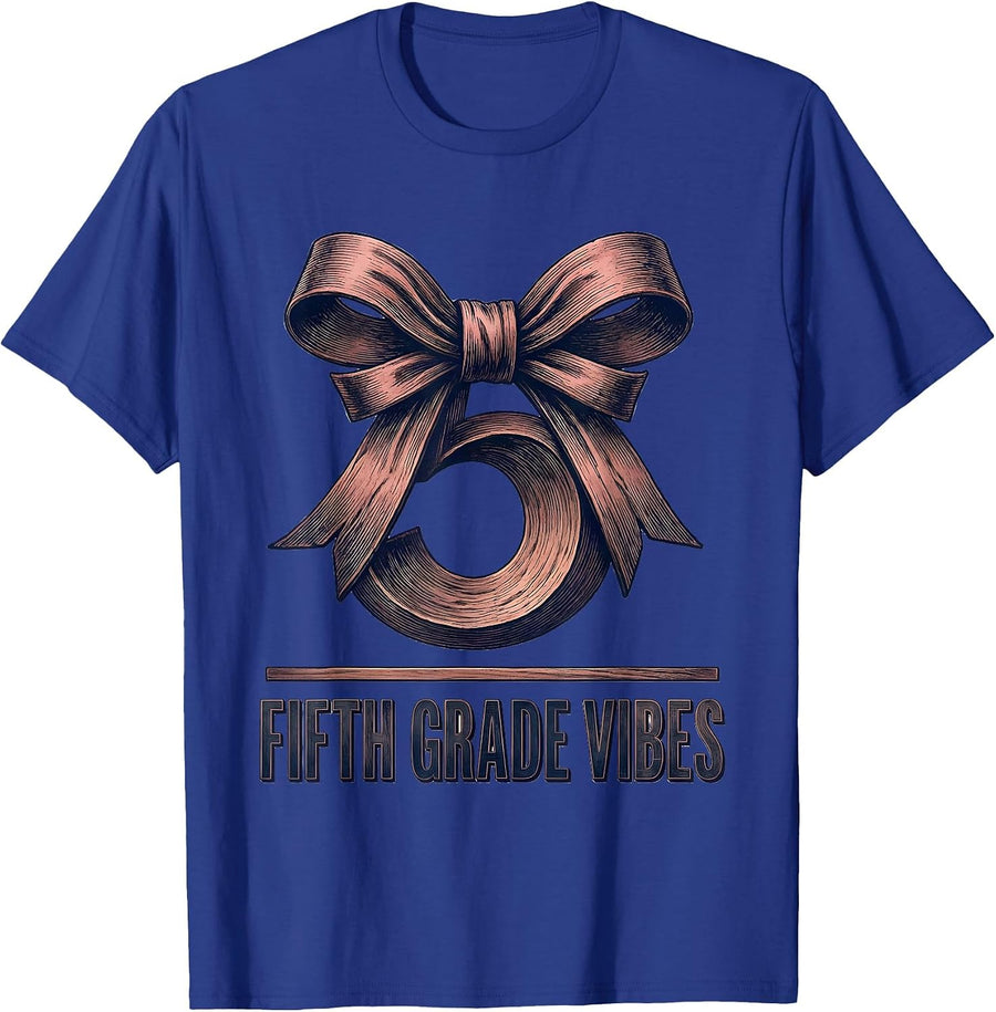 Fifth Grade Vibes Wood Type Letterpress Back to School Bow T-Shirt - Royal Blue