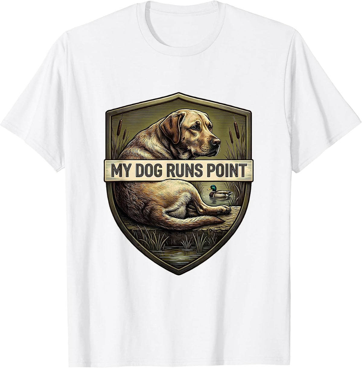 Men's My Dog Runs Point Emblem Local Boy Hunting Dog Waterfowl T-Shirt - White