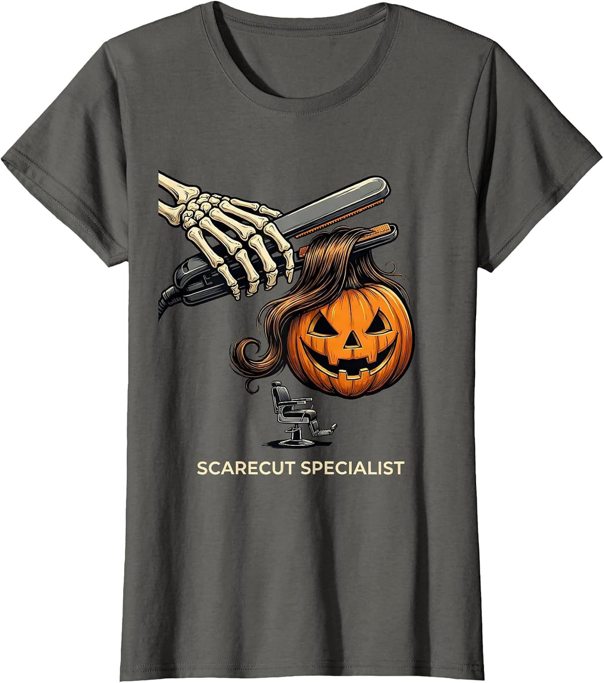 Women's Scarecut Specialist Funny Skeleton Hairstylist Halloween T-Shirt - Asphalt Grey