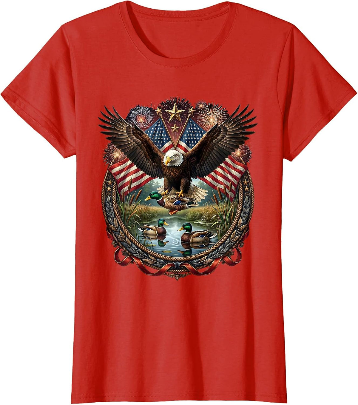 Women's Duck Decoys on Glassy Marsh Water Hunting Camo T-Shirt - Red