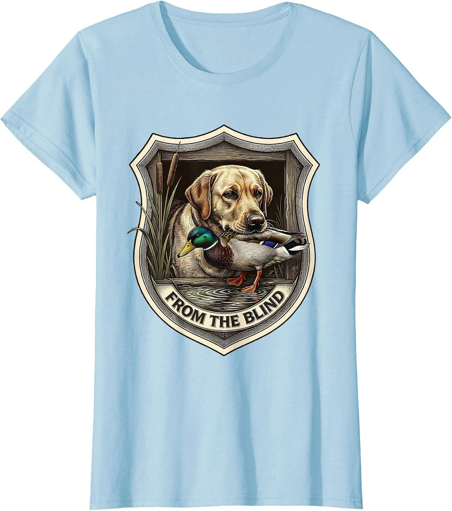 Women's From The Blind Crosshatch Etching Hunting Dog Waterfowl T-Shirt - Baby Blue