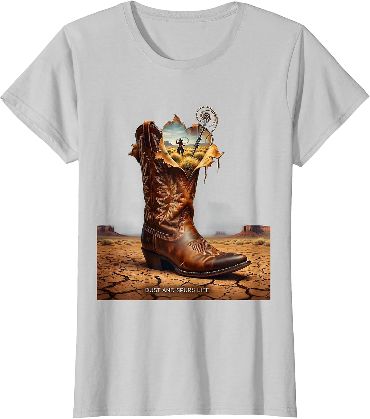 Dust and Spurs Life Cowgirl Graphic Design T-Shirt - Silver Grey