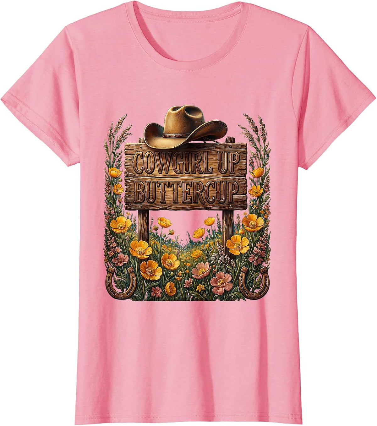 Women's Cowgirl Up Buttercup Western Design T-Shirt - Pink