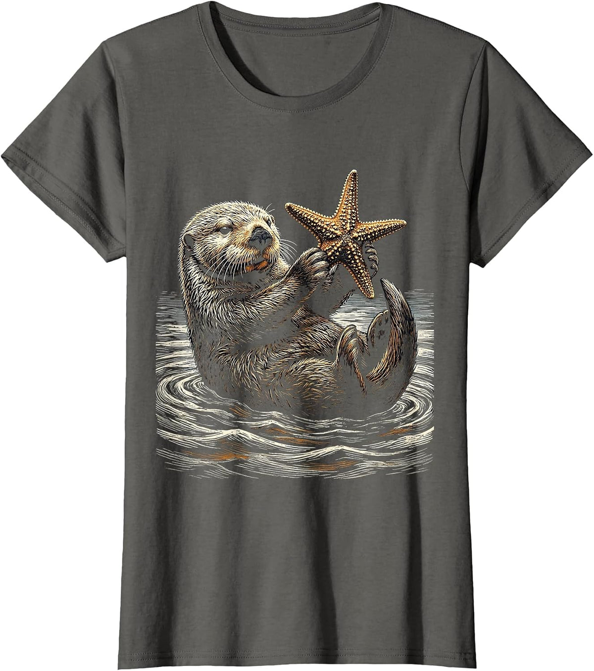 Women's Sea Otter Holding Starfish Above Water T-Shirt - Asphalt Grey