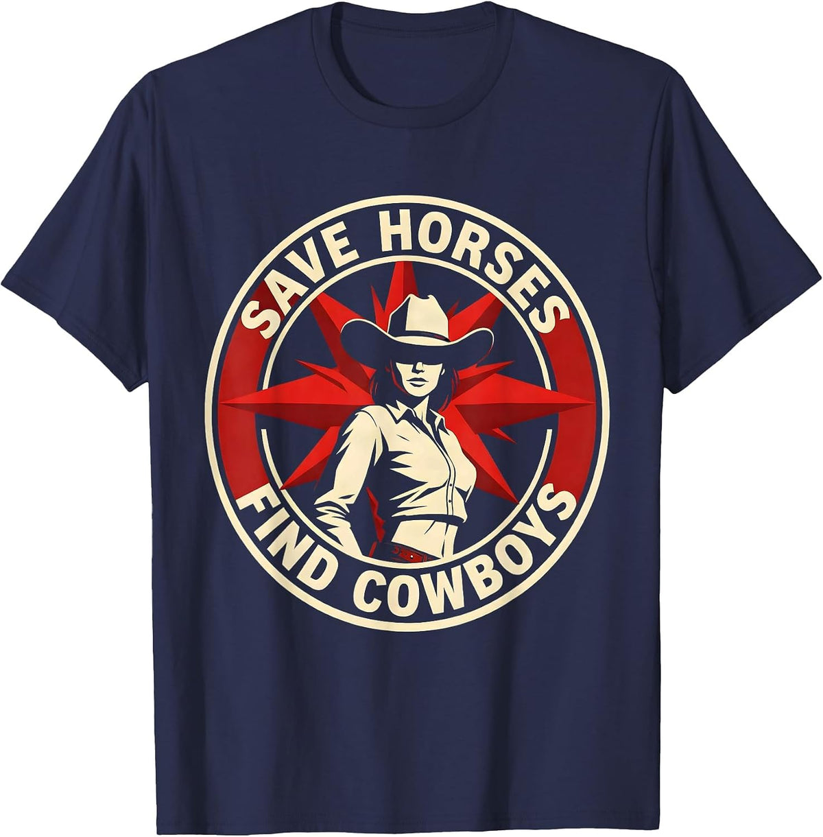Men's Save Horses Find Cowboys Western Humor Design T-Shirt - Navy Blue