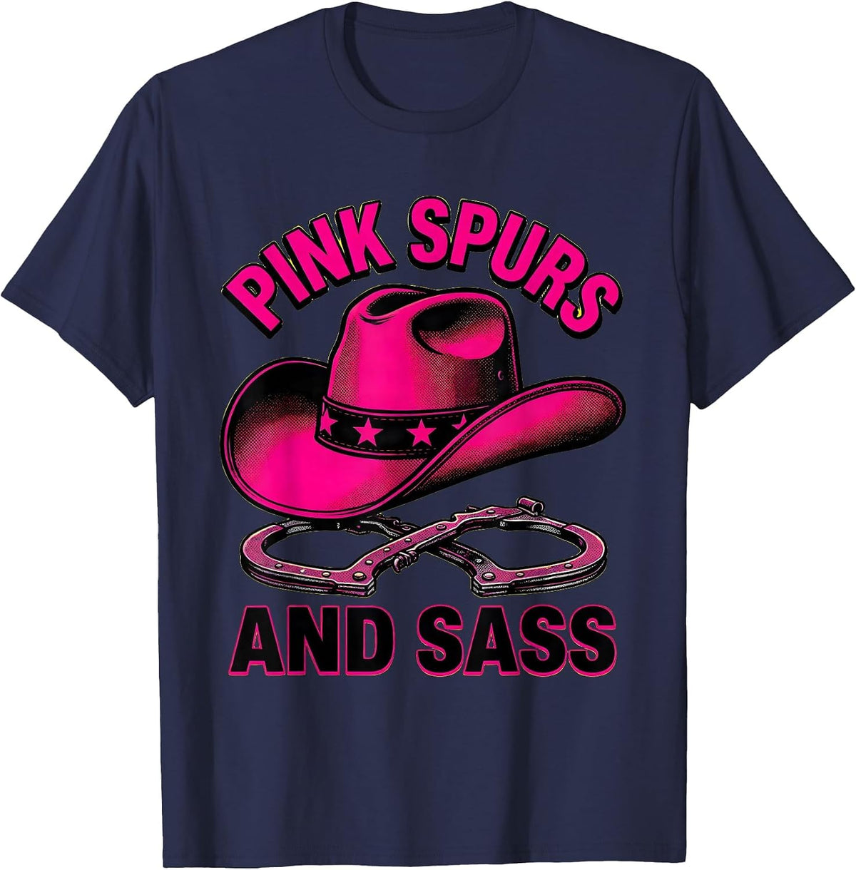 Pink Spurs and Sass Cowgirl Design T-Shirt - Navy Blue