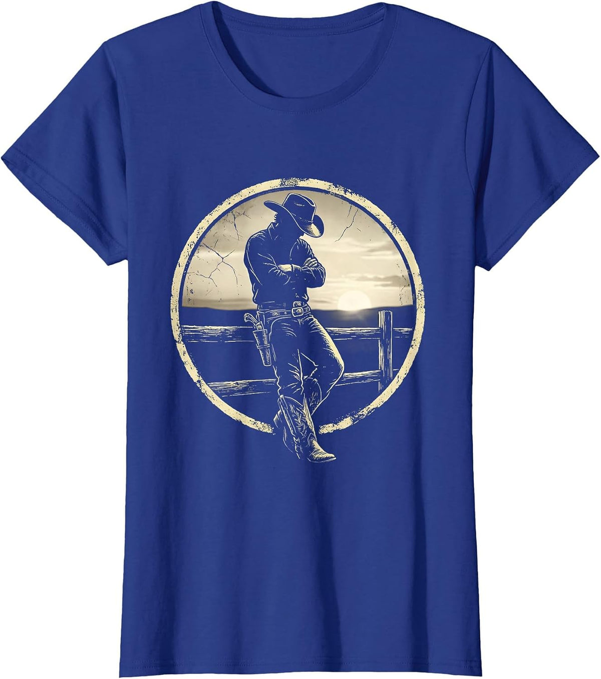 Women's Cowboy at Dusk Leaning on Fence Illustration T-Shirt - Royal Blue