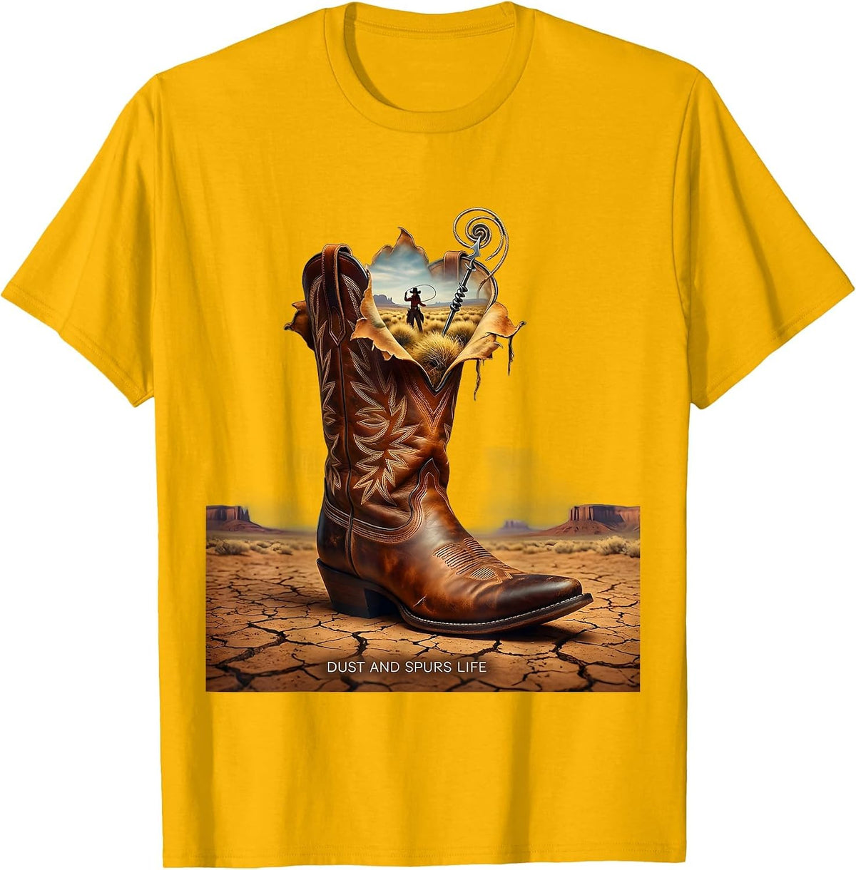 Dust and Spurs Life Cowgirl Graphic Design T-Shirt - Golden Yellow