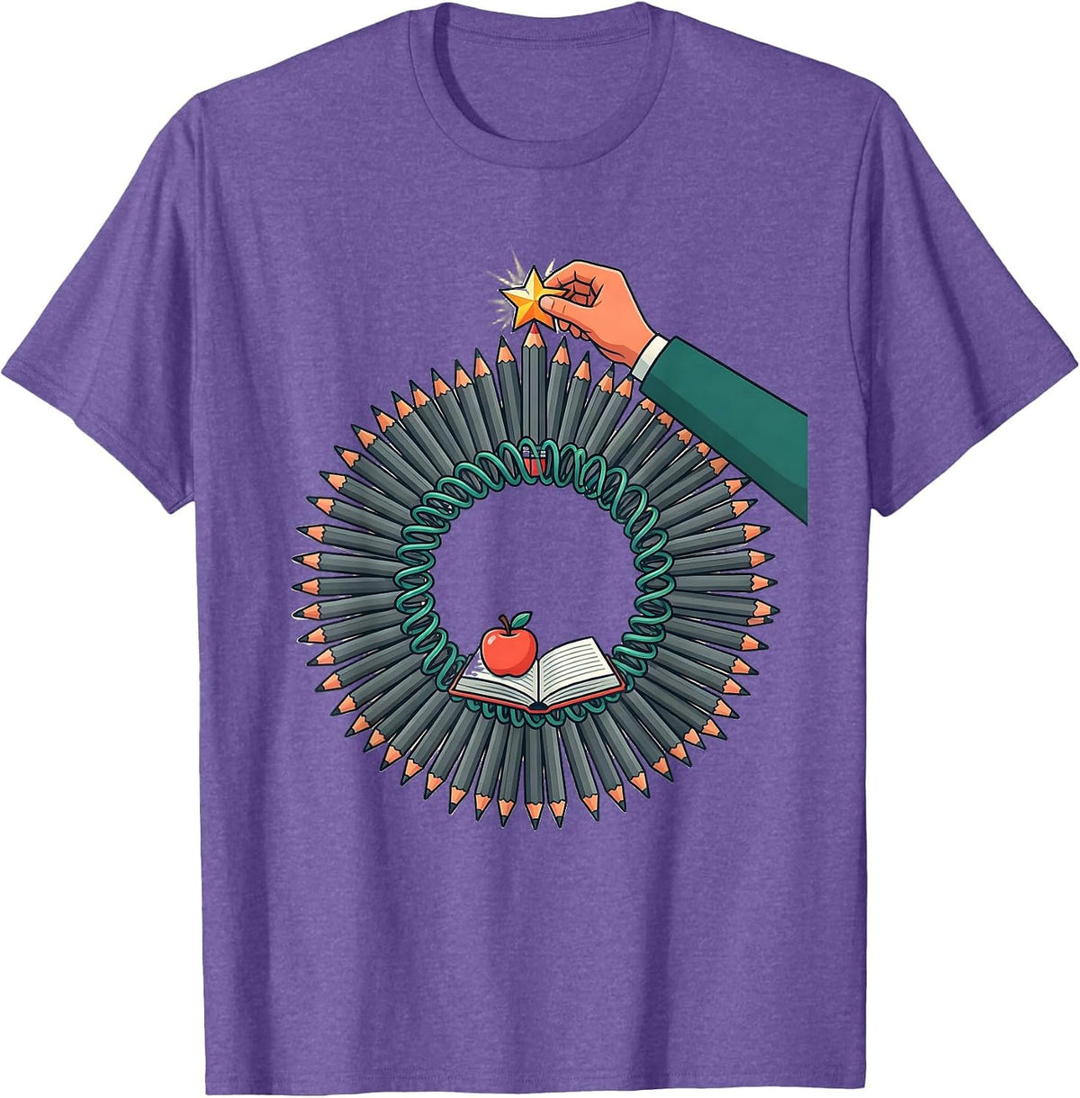 Men's Pencil Wreath Teacher Christmas Classroom Humor T-Shirt - Purple Heather
