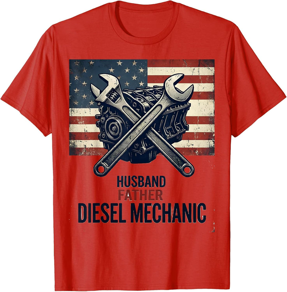 Men's Husband Father Diesel Mechanic Patriotic American Flag T-Shirt - Red