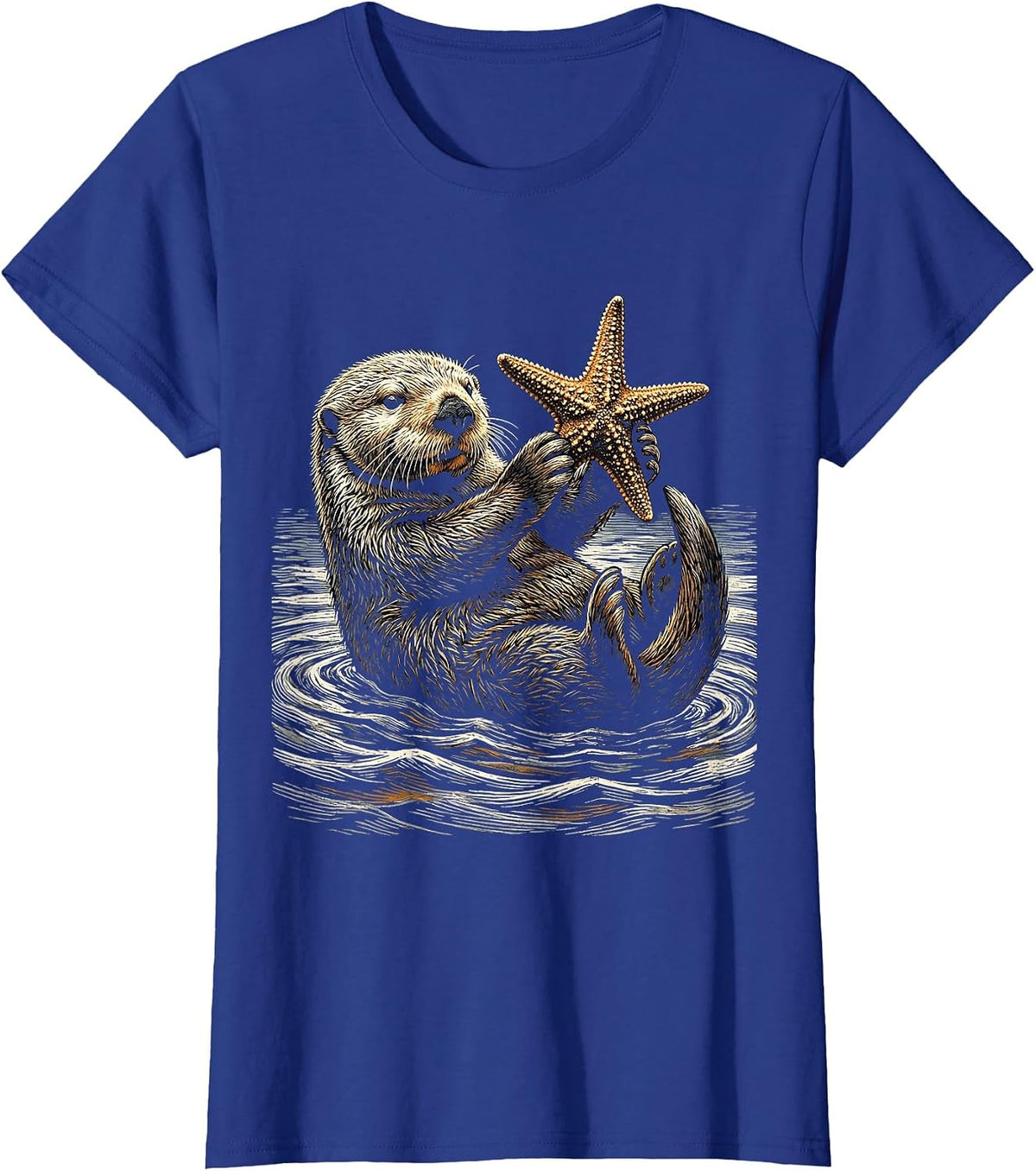 Women's Sea Otter Holding Starfish Above Water T-Shirt - Royal Blue