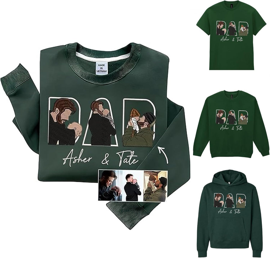 Custom Dad Embroidered Sweatshirt with Kid Portraits, Personalized Grandpa with Kids Names Embroidery Clothing - Standard