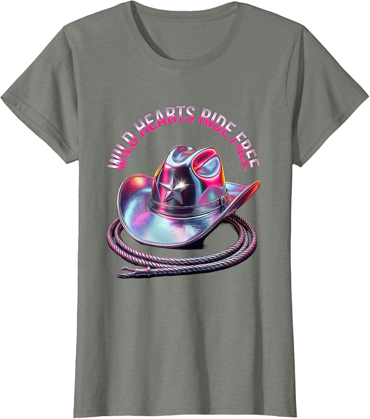 Wild Hearts Ride Free Cowgirl Design T-Shirt - Olive Heather