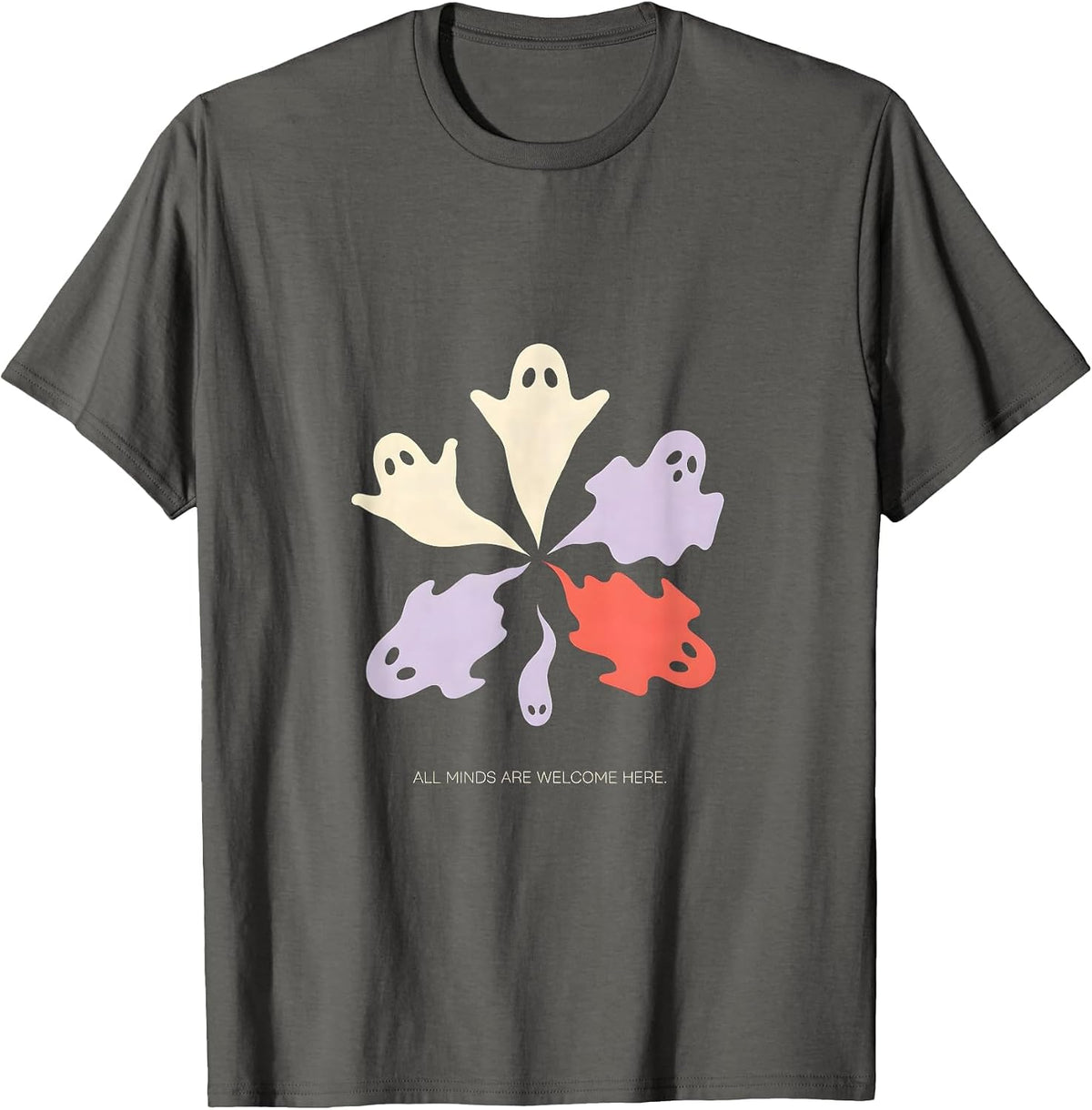 All Minds Are Welcome Here Halloween Mental Health Ghost T-Shirt - Asphalt Grey