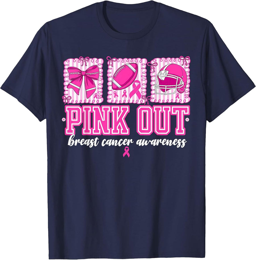 Preppy Pink Out Breast Cancer Football Coquette Bow Women T-Shirt - Navy Blue