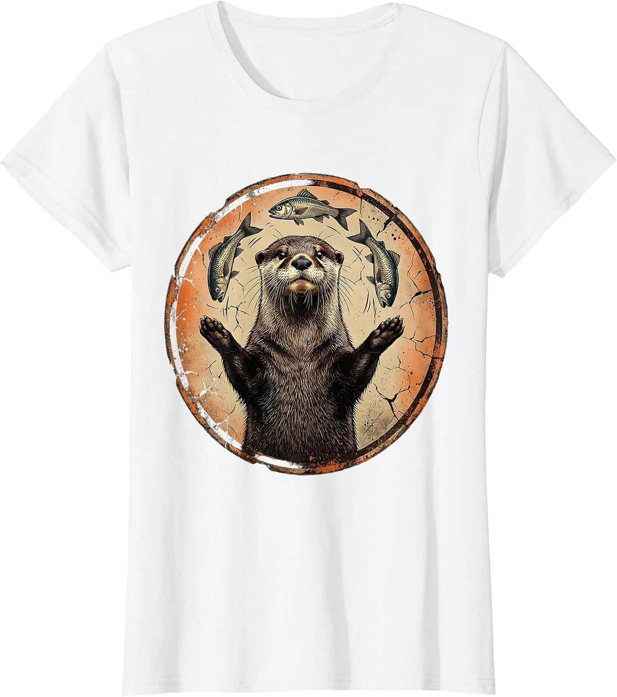 Funny Otter Juggling Fish Graphic Design T-Shirt - White