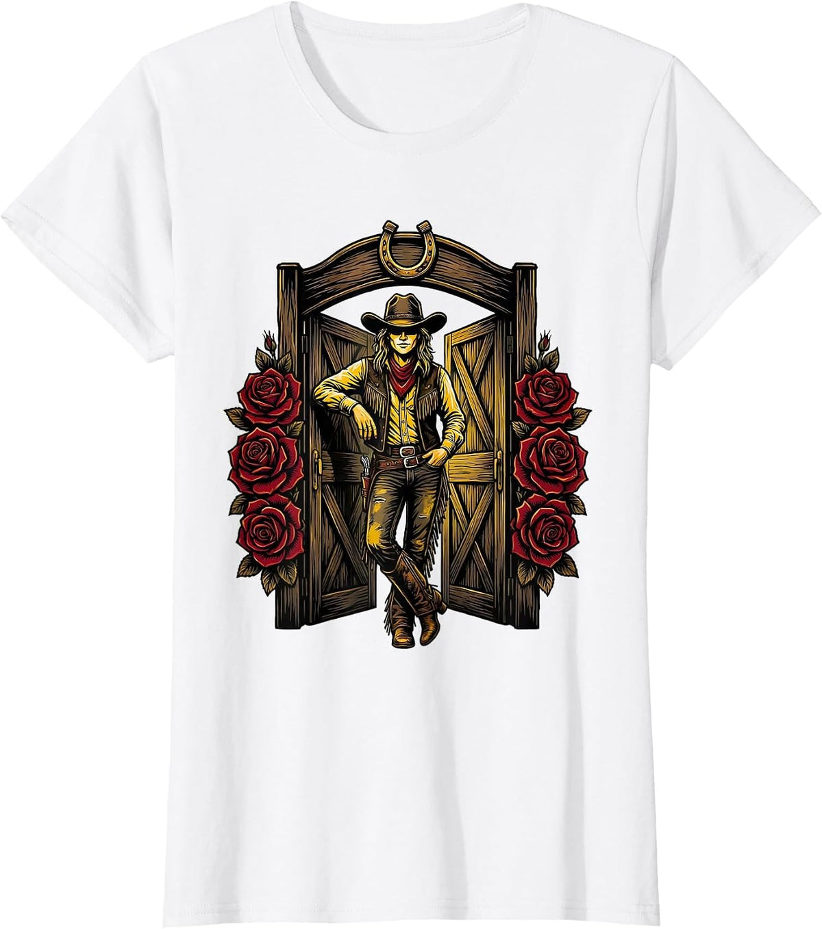Cowgirl Leaning on Saloon Door Graphic T-Shirt - White