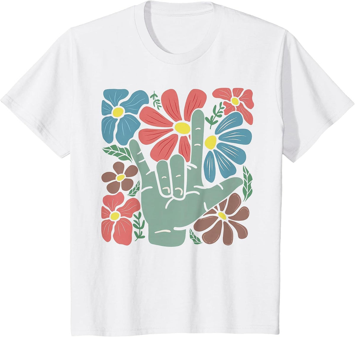 ASL I Love You Boho Floral Sign Language SLP Therapist T-Shirt - White