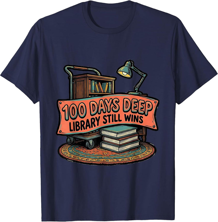 100 Days Deep Library Still Wins Teacher Librarian 100th Day T-Shirt - Navy Blue