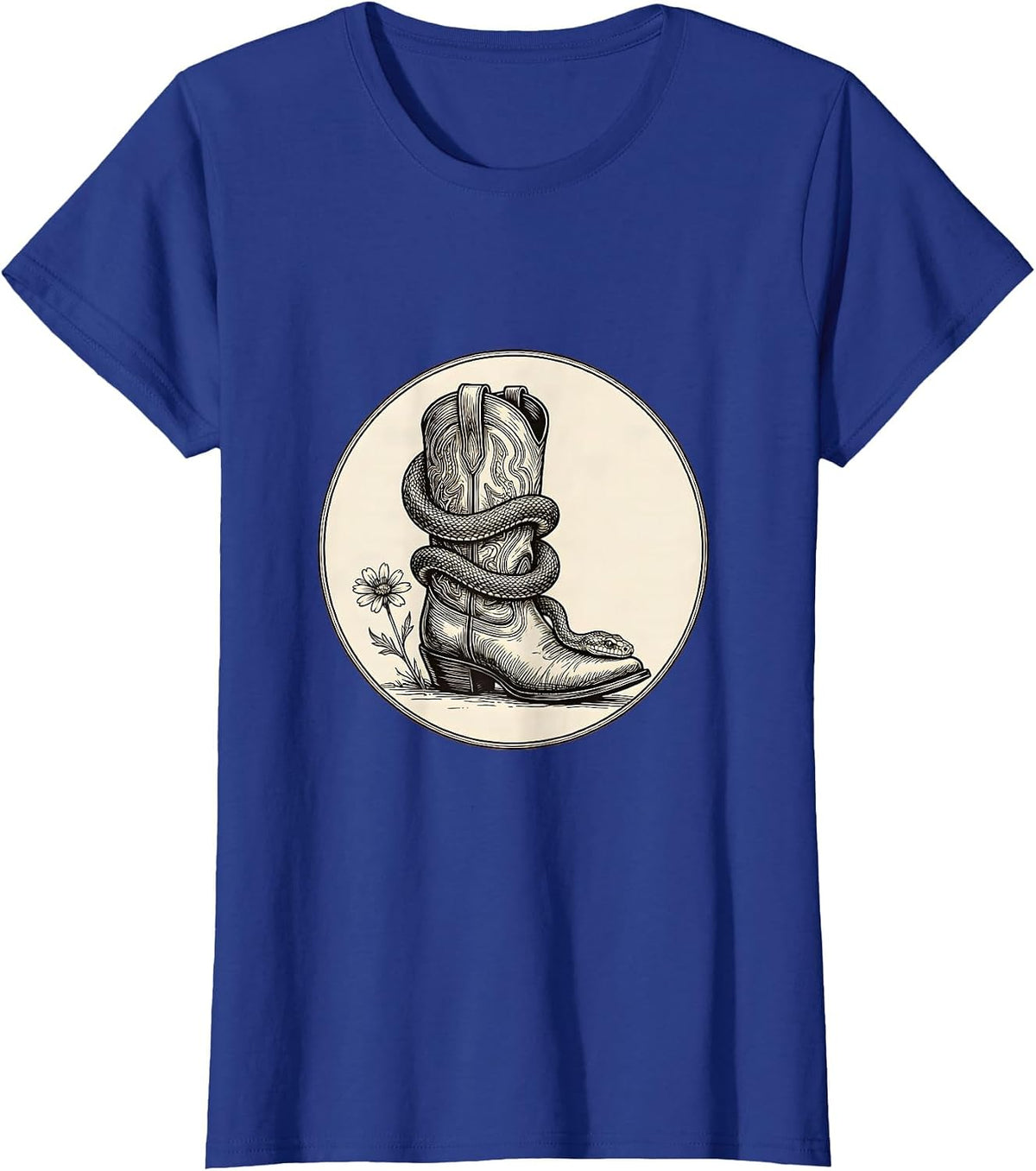 Women's Snake Coiled Around Cowboy Boot Western Graphic T-Shirt - Royal Blue