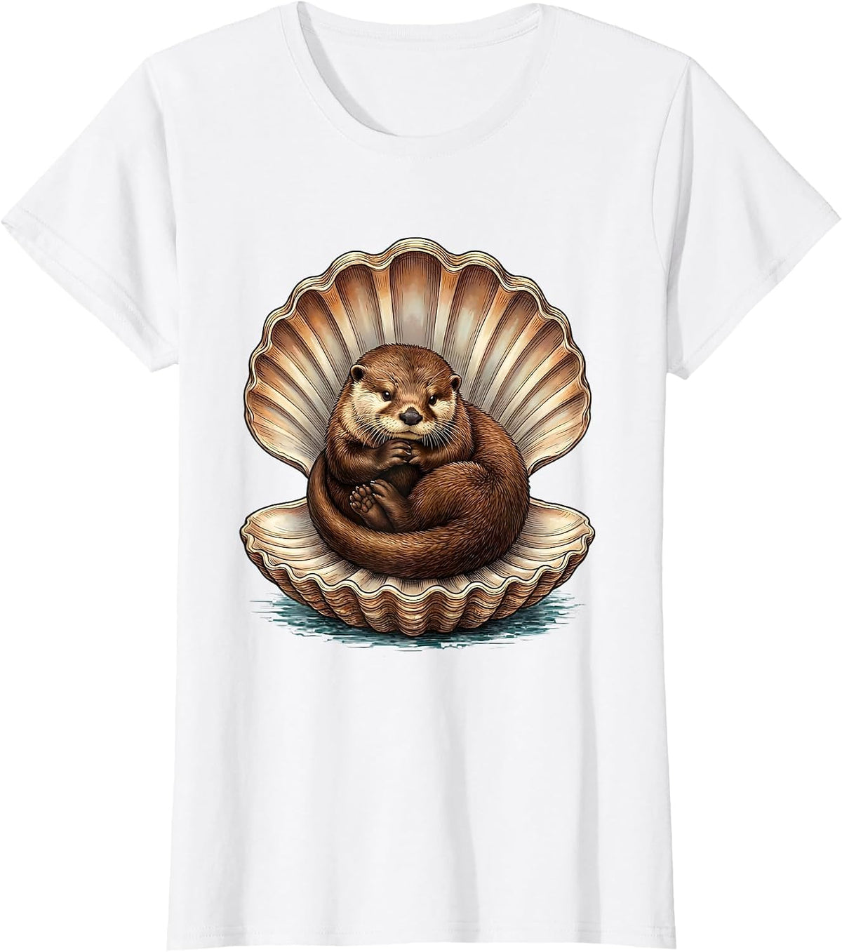 Women's Otter Curled in Giant Clamshell Illustration T-Shirt - White