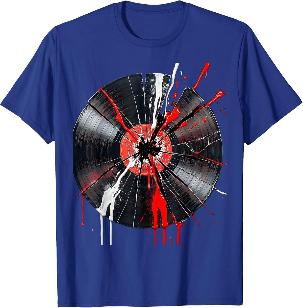Grunge Dripping Paint Shattered Vinyl Record T-Shirt - Royal Blue