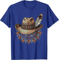 Denim Cowgirl Hat with Feather Illustration T-Shirt - Royal Blue
