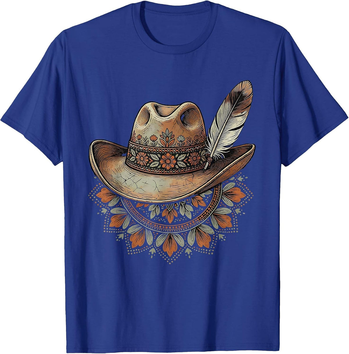 Denim Cowgirl Hat with Feather Illustration T-Shirt - Royal Blue