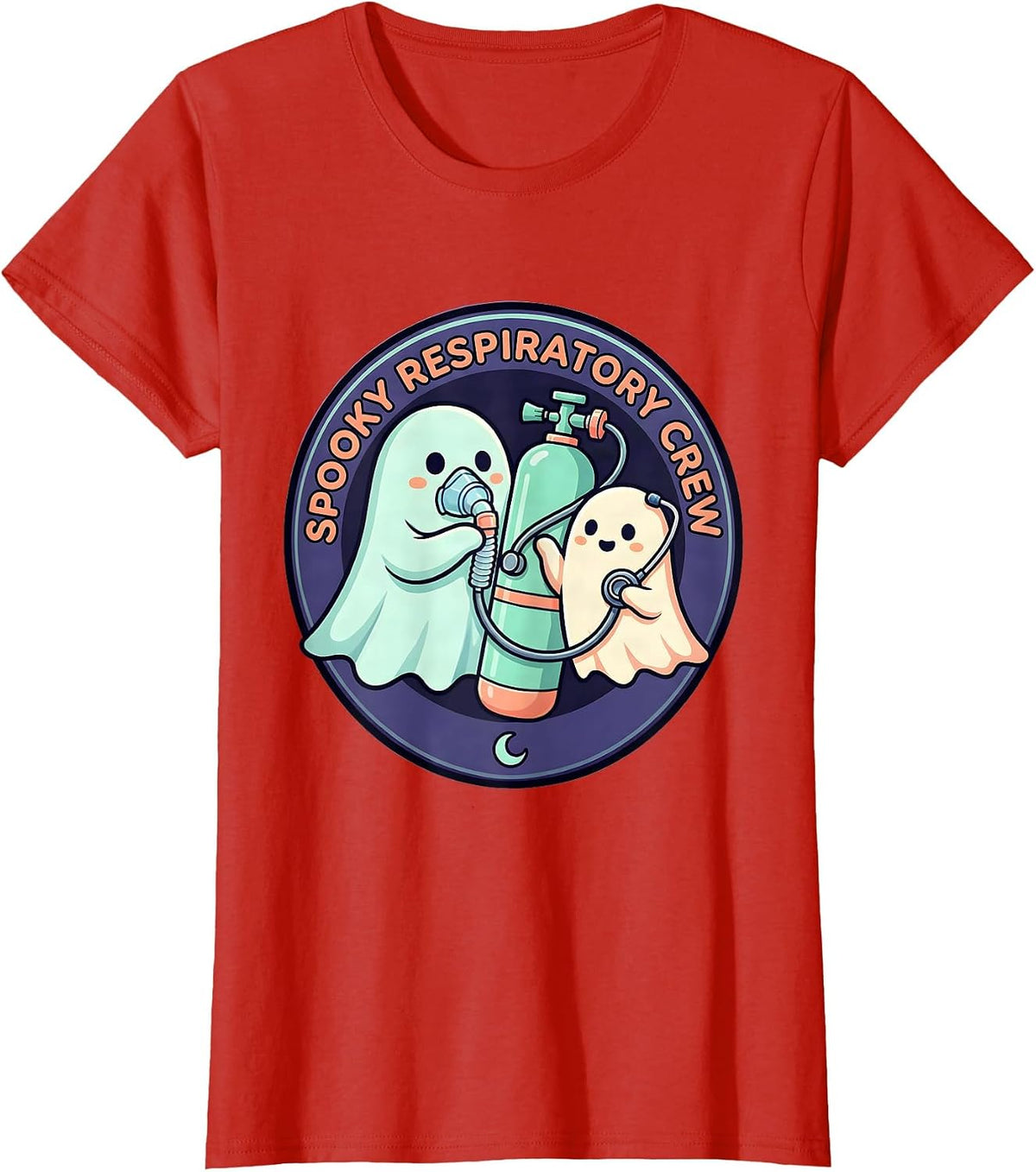 Women's Spooky Respiratory Crew Cute Ghost Halloween Occupational T-Shirt - Red