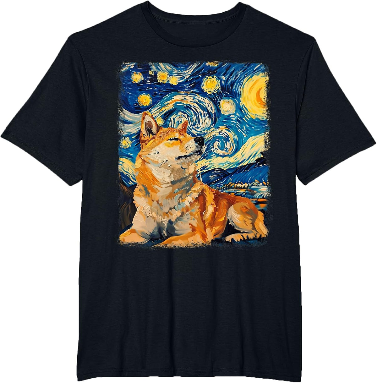 Shiba Inu Dog Starry Night Painting T-Shirt - Black