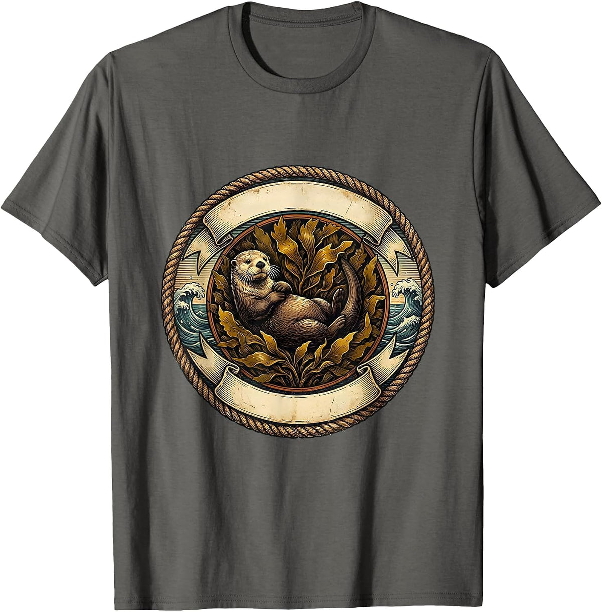 California Sea Otter Floating on Kelp Bed Design T-Shirt - Asphalt Grey