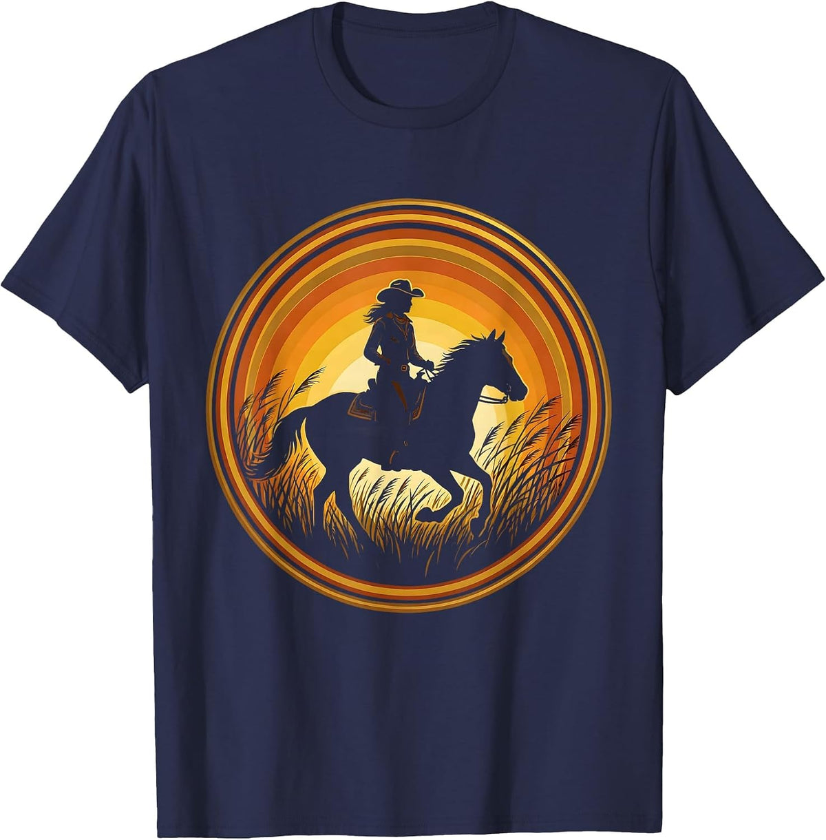 Men's Cowgirl on Horseback Golden Grass 90s Country T-Shirt - Navy Blue