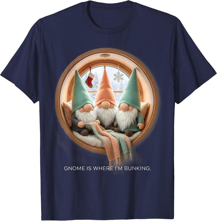 Gnome Is Where I'm Bunking Cute Kawaii Gnome Lover Christmas T-Shirt - Navy Blue