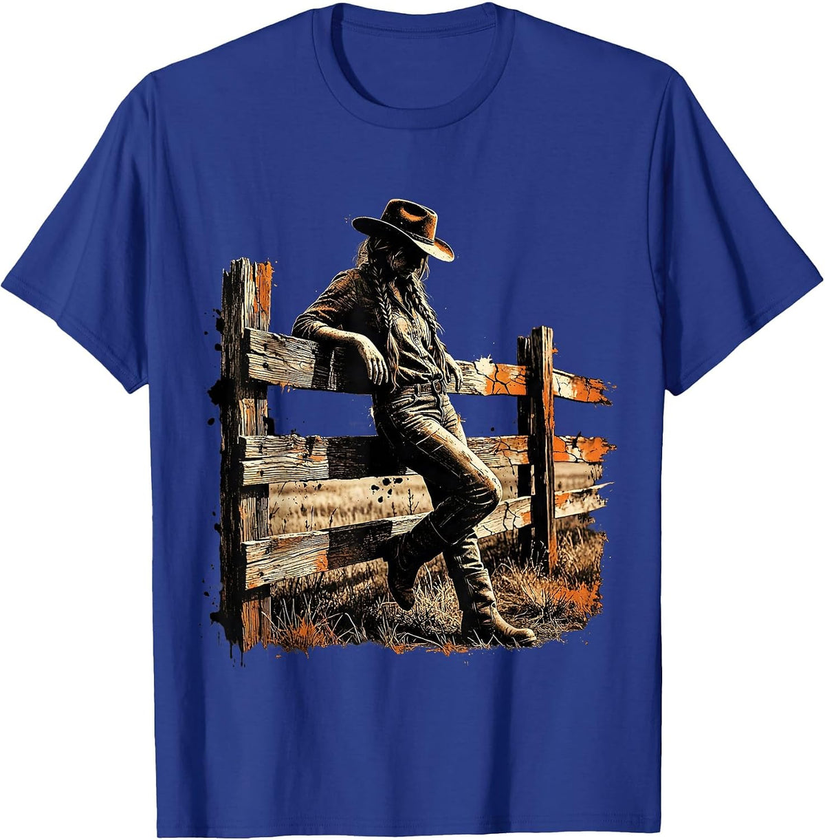 Western Girl Braided Fence Lean Country Graphic T-Shirt - Royal Blue