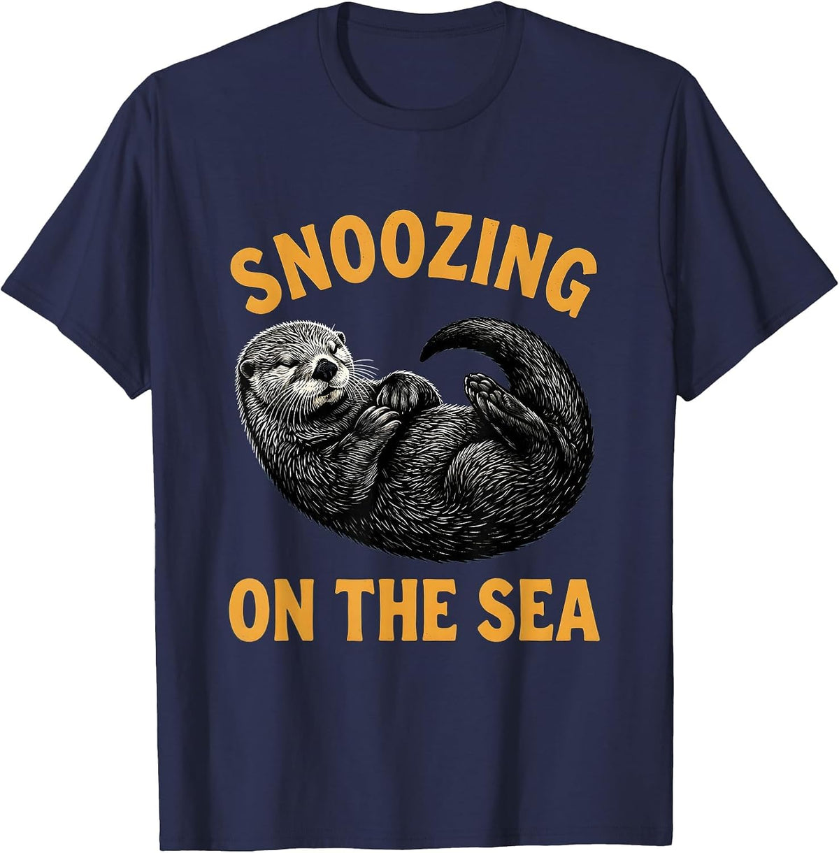 Snoozing On The Sea Cute Sea Otter Design T-Shirt - Navy Blue