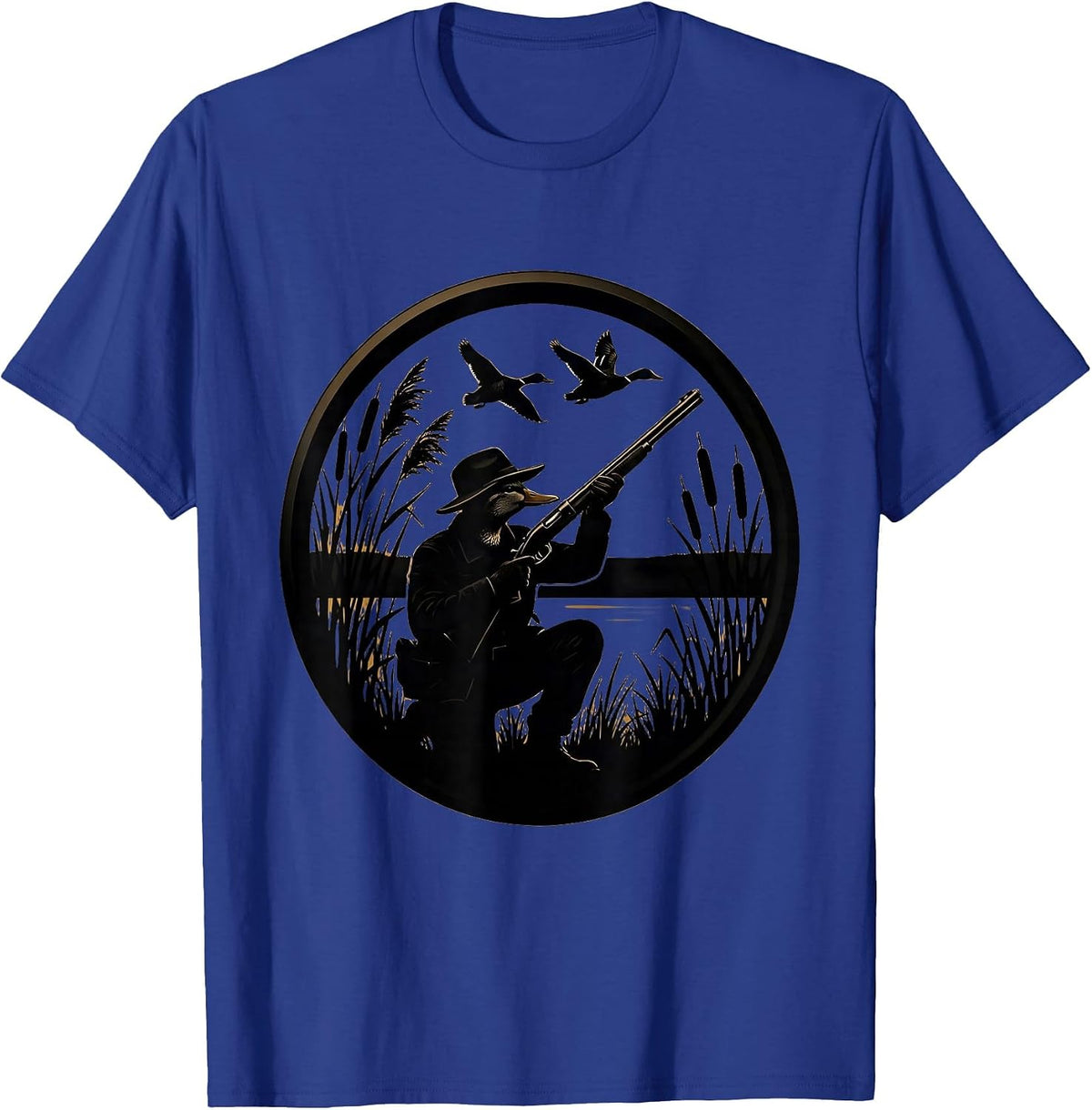 Duck Hunter Silhouette Marsh Reeds Hunting Design T-Shirt - Royal Blue