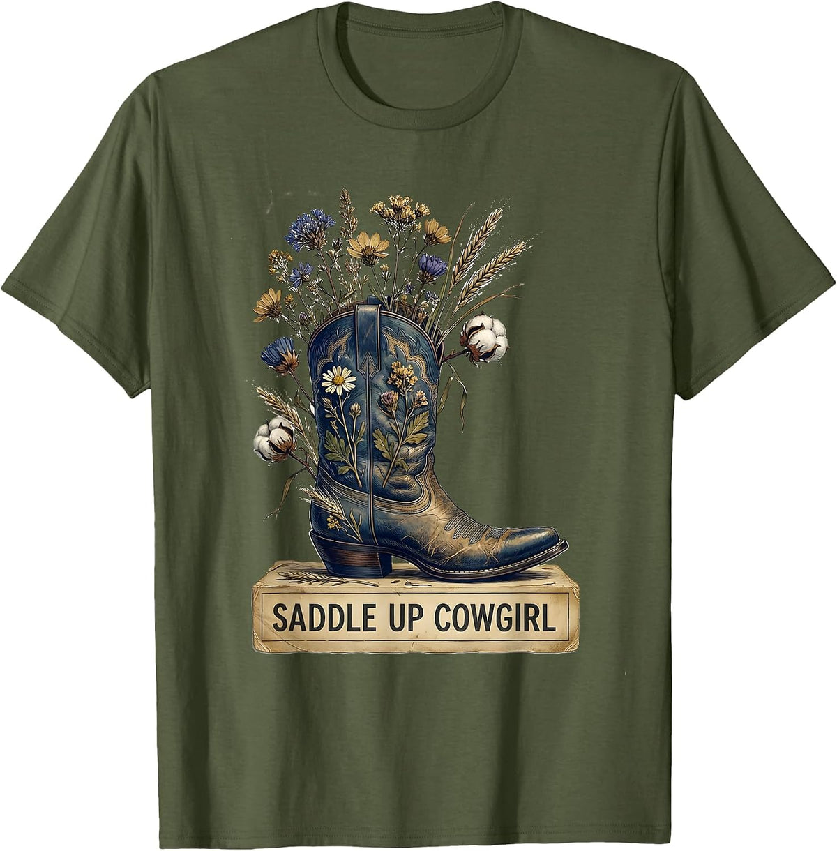 Men's Saddle Up Cowgirl Denim Western Design T-Shirt - Olive Green