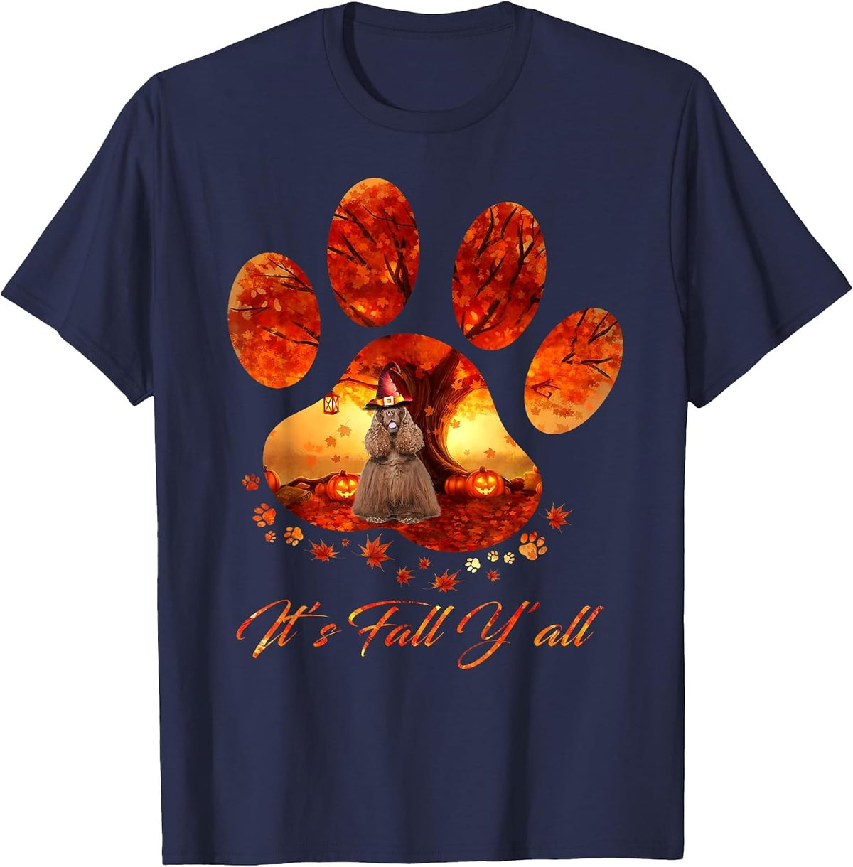 American Cocker Spaniel It's Fall Y'all Dog Paw Halloween T-Shirt - Navy Blue