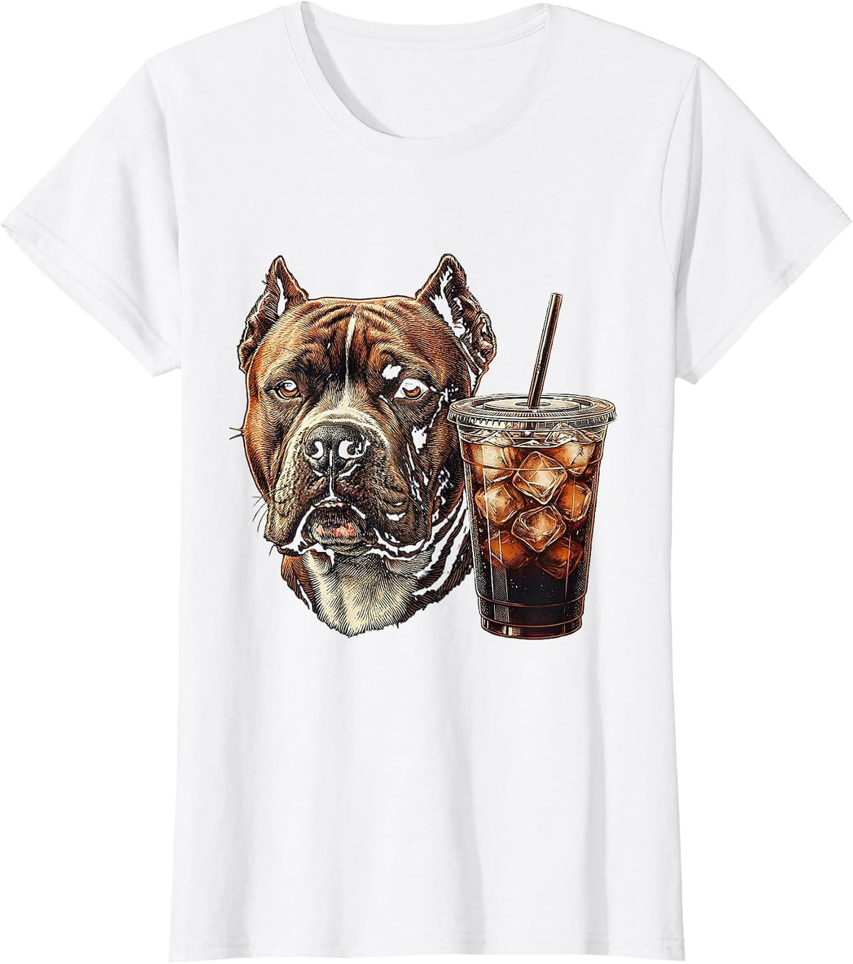 Pitbull Drinking Iced Coffee Dog Lover Humor T-Shirt - White