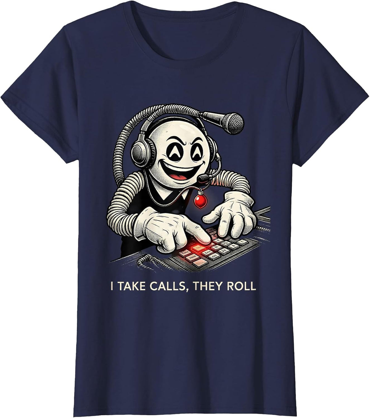 Women's I Take Calls, They Roll Retro Cartoon 911 Dispatcher T-Shirt - Navy Blue