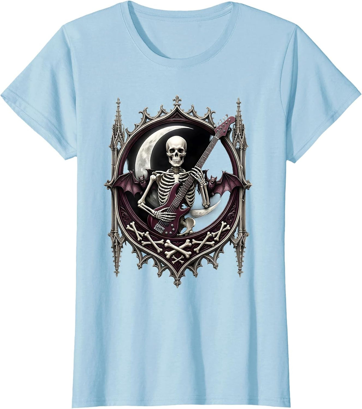 Women's Skeleton Bassist Crescent Moon 80s Rock Graphic T-Shirt - Baby Blue